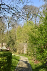 Chemin semi-ombragé longeant le mur d'enceinte de l'abbaye du Rouge-Cloître à Auderghem 
