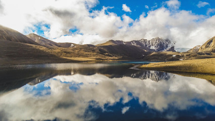 Beautiful landscape of vast sky mountain and lake with mountain peaks and reflection