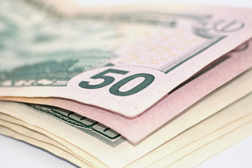 Money on white background with space for copy, isolate, closeup