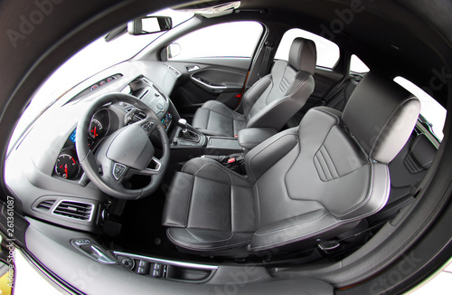 Front seats of a modern sports car with fish eye