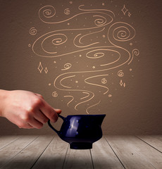 Steaming warm drink decorated with doodle line art
