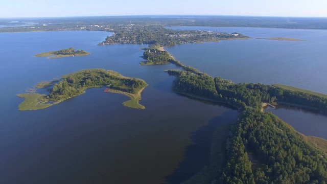 Aerial View Of The Forest Islands And Town Of Ostashkov On Lake Seliger, Russia