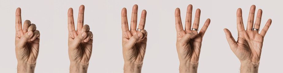 man's hand gestures, counting numbers one to five, isolated on white background