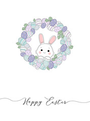 Vector greeting card decorated eggs, wreath and bunny. Handwritten inscription Happy Easter. Clean design. Lettering, modern calligraphy.