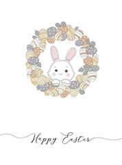 Easter bunny with wreath and eggs. Hand drawn vector Happy Easter greeting card.