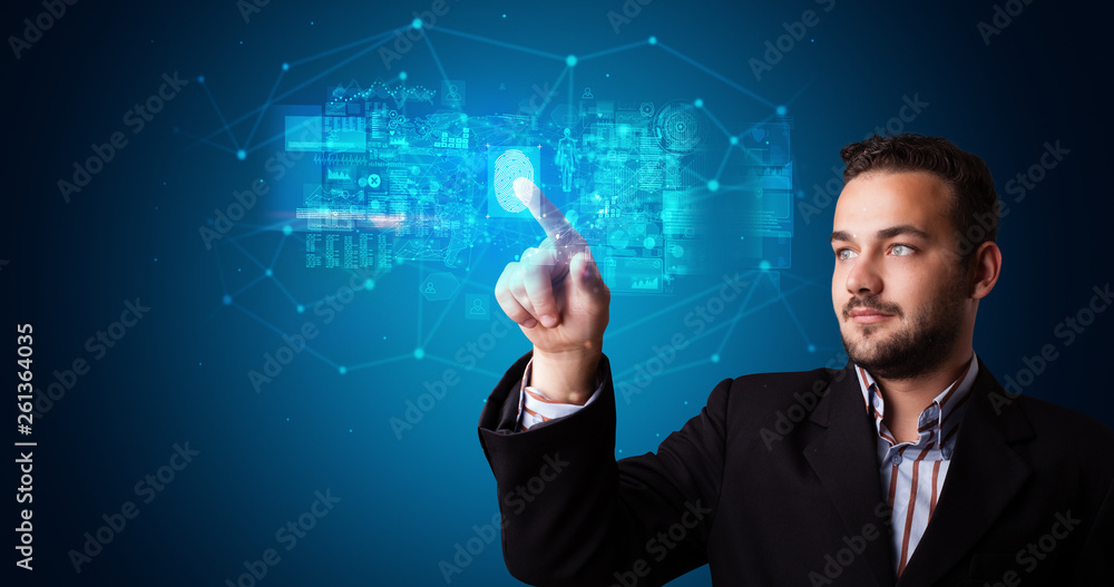 Poster Man accessing modern hologram personal database with fingerprint identification