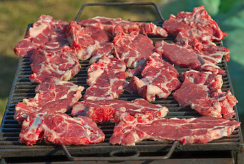 Fresh pork chops roasting on barbeque grill
