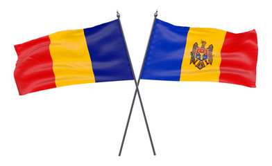 Moldova and Romania, two crossed flags isolated on white background. 3d image