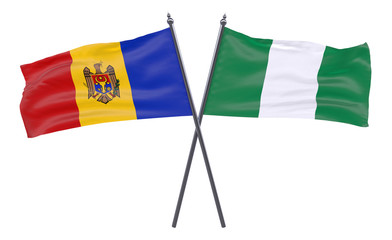 Moldova and Nigeria, two crossed flags isolated on white background. 3d image