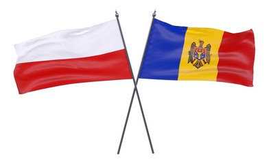 Moldova and Poland, two crossed flags isolated on white background. 3d image