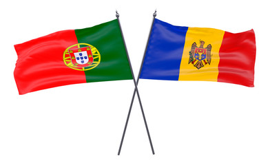 Moldova and Portugal, two crossed flags isolated on white background. 3d image