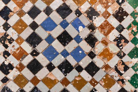 Closeup wonderful old mosaic on wall of construction in Tangier, Morocco