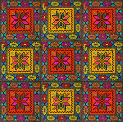 Seamless pattern of squares with ornaments, embroidered with colored threads 2.