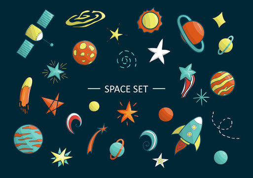 Vector set of space objects. Illustration of space clip art. Bright planet, rocket, star, ufo, galaxy, moon,   spaceship, sun in cartoon style. Good for children posters