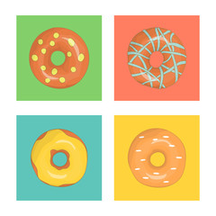 Vector set of colorful doughnuts. Colored donuts on blue, green, yellow, pink background. Bright and cheerful illustration in colorful blocks