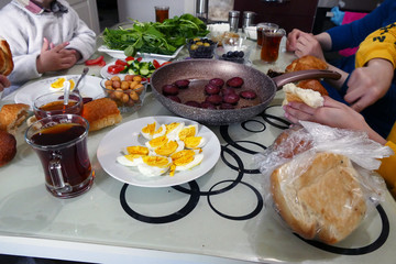 family having breakfast, morning breakfast Turkish family having breakfast