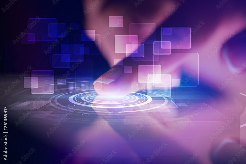 Poster finger touching tablet with identification concept and dark background