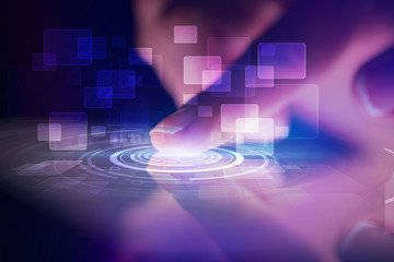 Finger touching tablet with identification concept and dark background