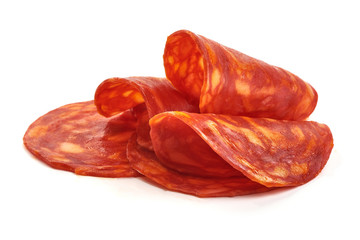 Spanish chorizo salami sausage, close-up, isolated on white background