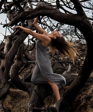 Young ballerina in grey wear with stretched out leg posing on branches of dry woods