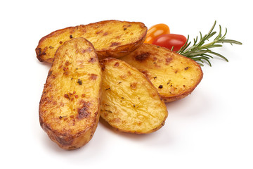 Baked potato wedges, fried potatoes, close-up, isolated on white background