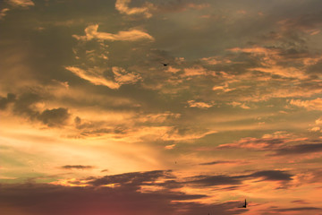 Vivid dramatic twilight sunset sky with colorful clouds and silhouettes of birds