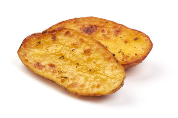 Homemade baked potato wedges, fry potatoes, close-up, isolated on white background