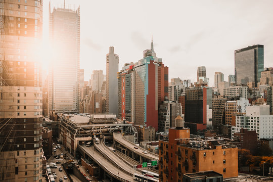 New York city view with modern skyscrapers in district illuminated with bright sunlight