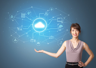 Young smiling person presenting office cloud technology concept
