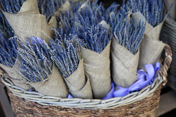 Basket of of dried lavender bouquets in the flowers bar.