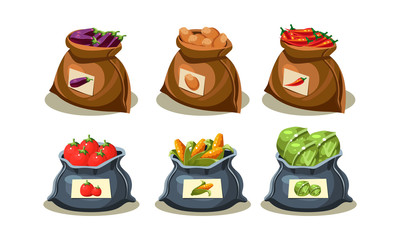 Flat vector set of bags full of fresh vegetables. Ripe eggplant, potato, hot chili pepper, tomato, corn and cabbage