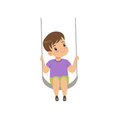 Cute boy swinging on a rope swing, little kid having fun on a swing vector Illustration on a white background