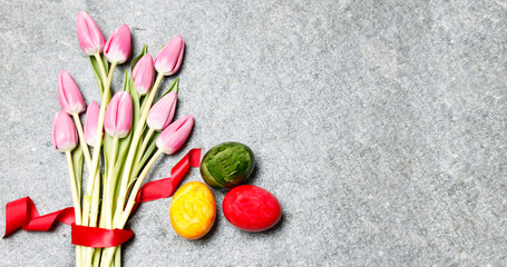 Easter, Tulips Bouquet and colorful eggs 