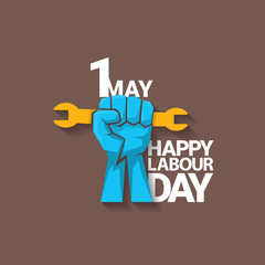 1 may - happy labour day. vector happy labour day poster or banner with clenched fist. workers day poster. labour day label or badge