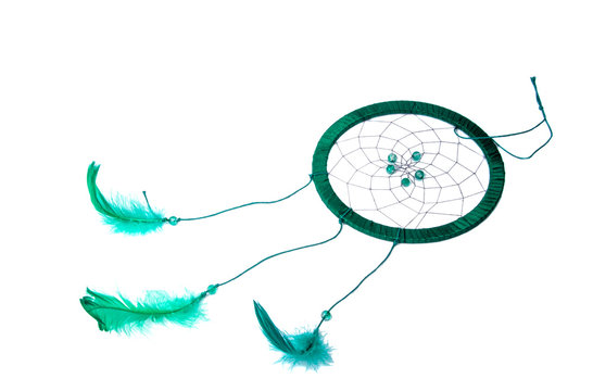 magic green dream catcher with feathers isolated on the white