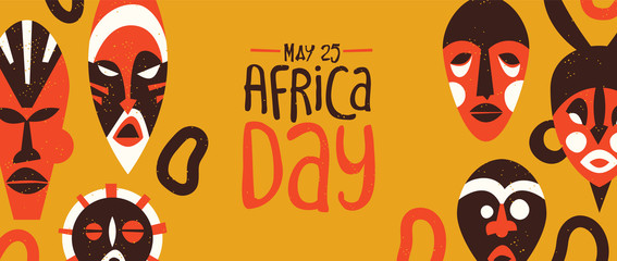 May 25 Africa Day banner of tribal african mask