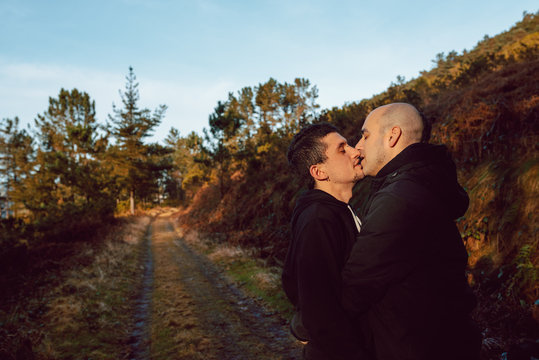 Side view of cheerful homosexual couple embracing and looking at each other on route in forest in sunny day