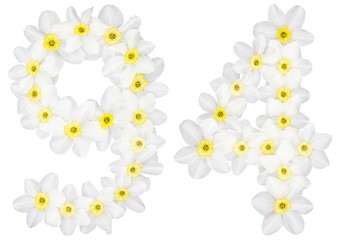 Numeral 94, ninety four, from natural white flowers of Daffodil (narcissus), isolated on white...