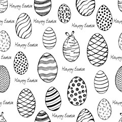 Hand-painted happy Easter seamless background. Sketch of the black-white eggs. Easter eggs seamless pattern.