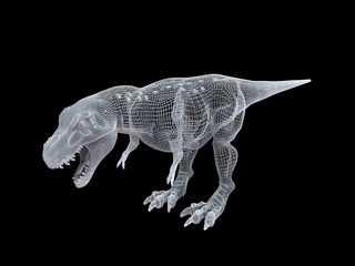 3d rendering of a white wired dino isoalted on black background