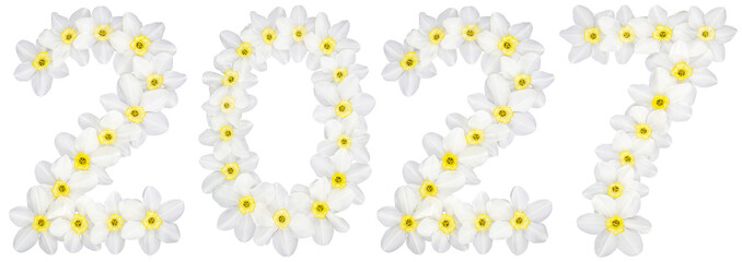 Inscription 2027, from natural white flowers of Daffodil (narcissus), isolated on white background