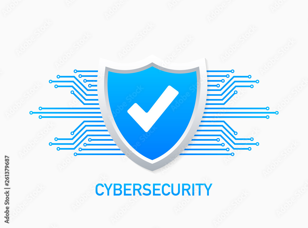 Poster cyber security vector logo with shield and check mark. security shield concept. internet security. v