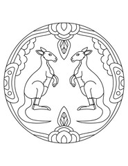 Kangaroo pattern. Illustration of Kangaroo. Mandala with an animal.  Kangaroo in a circular frame. Coloring page for kids and adults.