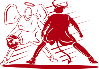 Devil and angel playing basketball with earth. Vector illustration