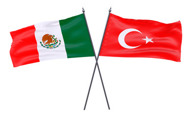 Mexico and Turkey, two crossed flags isolated on white background. 3d image