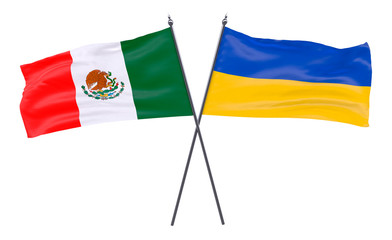 Mexico and Ukraine, two crossed flags isolated on white background. 3d image