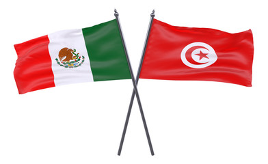 Mexico and Tunisia, two crossed flags isolated on white background. 3d image