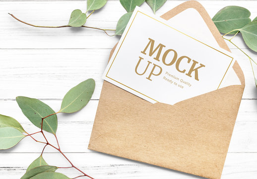 Greeting Card In Envelope On White Table Mockup