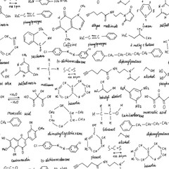 Fototapeta na wymiar Organic compounds. Seamless texture. Sketch of the school blackboard with the chemestry organic compound. Organic chemistry.