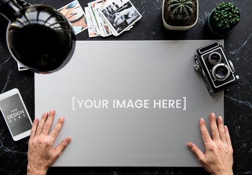 Paper and Smartphone on Photographer's Desk Mockup